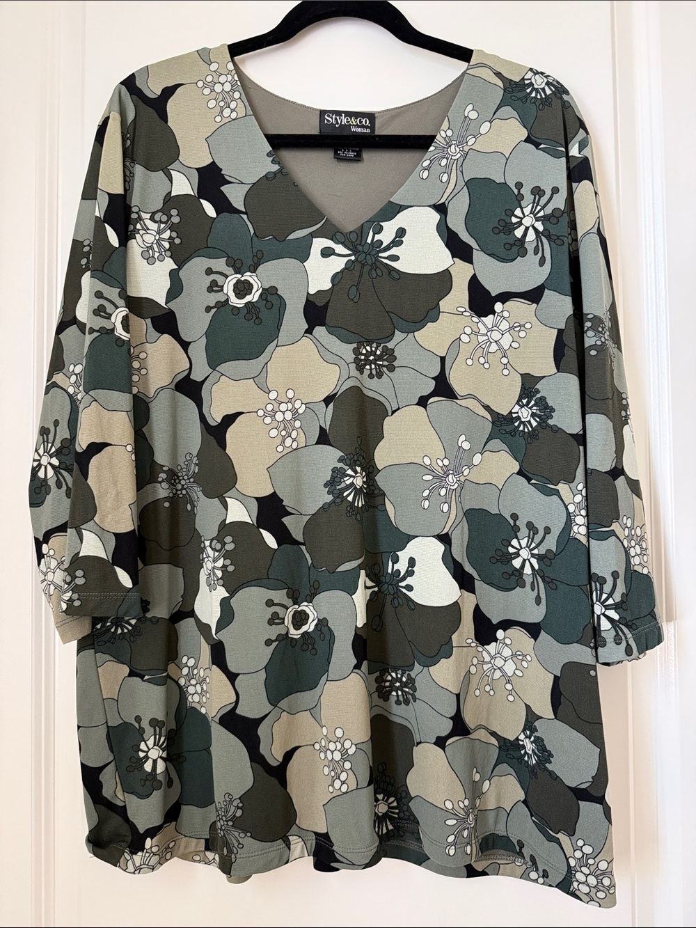 Style & Co. Floral V-Neck Tunic in Olive and Cream